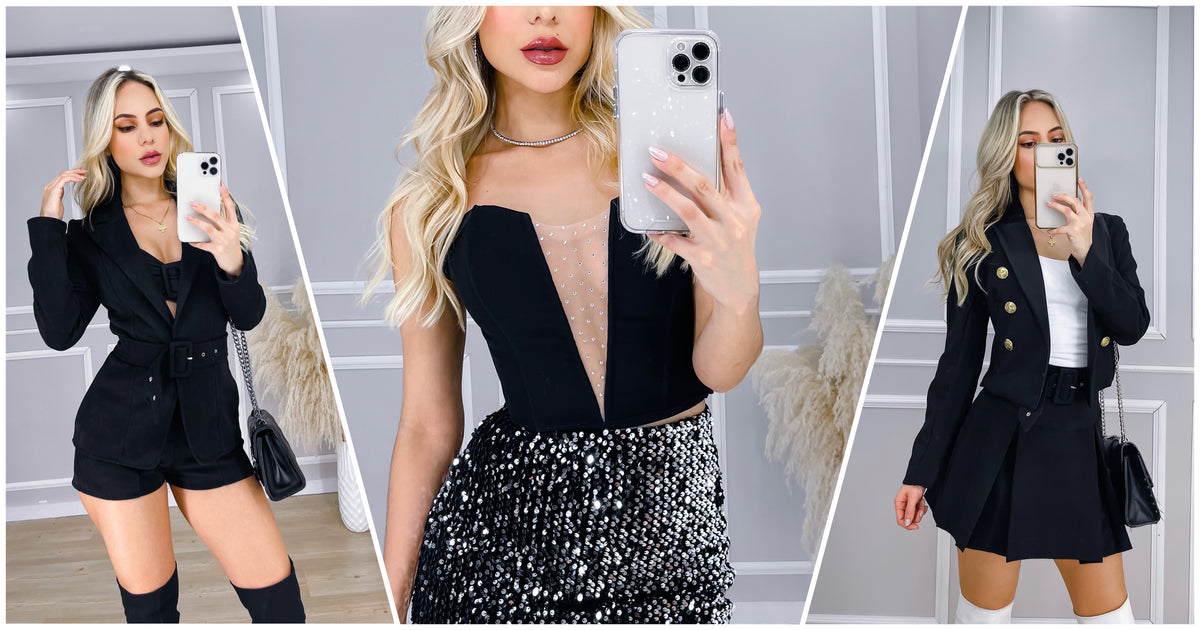 Mujer con blazer negro, corset con transparencia y falda de lentejuelas - Colección Myself Clothing